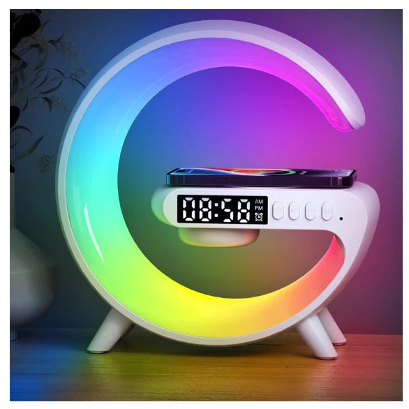 Caxinha de Som G axia -Speaker COR BRANCA Com Relógio Luminária Bluetooth Inteligente Carregador Sem Fio Led Luz COM RELÓGIO