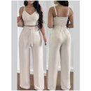 Conjunto Axia Feminino Duna Areia Calça Pantalona e Cropped com Bojo Alça Regulável Alfaiataria