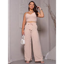 Conjunto Axia Feminino Duna Areia Calça Pantalona e Cropped com Bojo Alça Regulável Alfaiataria