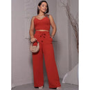 Conjunto Axia Feminino Duna Areia Calça Pantalona e Cropped com Bojo Alça Regulável Alfaiataria