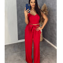 Conjunto Axia Feminino Duna Areia Calça Pantalona e Cropped com Bojo Alça Regulável Alfaiataria