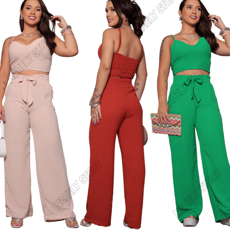 Conjunto Axia Feminino Duna Areia Calça Pantalona e Cropped com Bojo Alça Regulável Alfaiataria