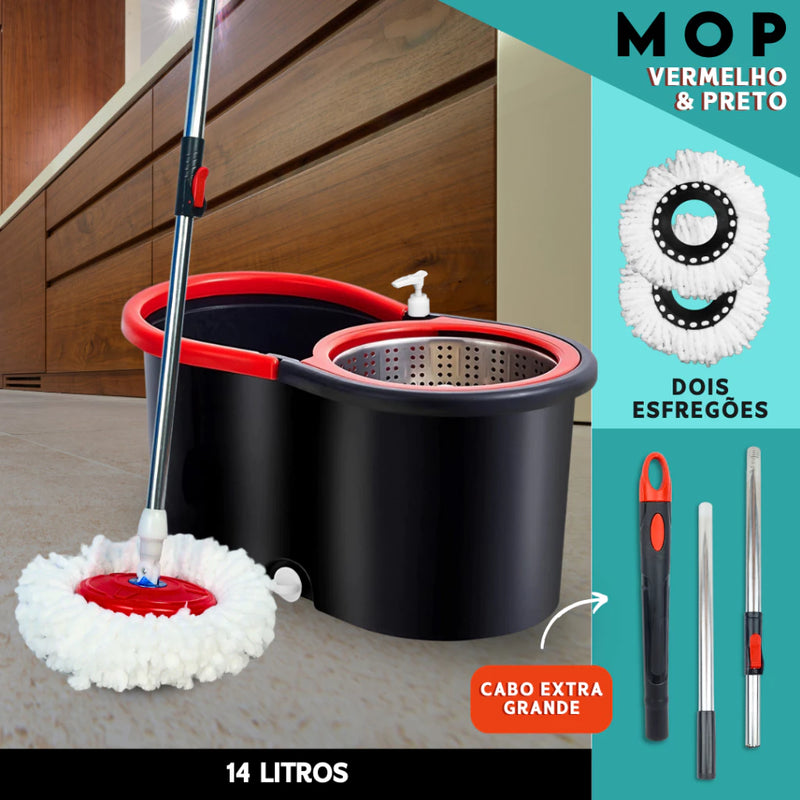 Mop C/ cabo de 140 cm + 2 Refis - Rodinhas e Cesto Em Inox - Balde Centrífuga - CH