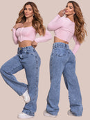 Calça Jeans Axia Feminina Wide Leg Cintura Alta Pantalona MARMORIZADA CINTURA ALTA