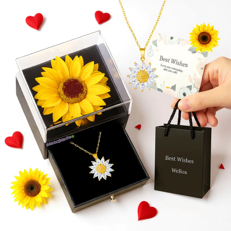 Flor Eterna Girassol Axia+ Colar de Girassol Com Pedrarias Cravejado | Flor Presenvada | WeBox
