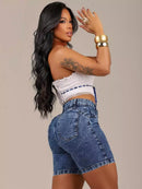 Short Axia Meia Coxa Jeans Marmorizada Com Lycra Modelo Levanta Bumbum Bermuda