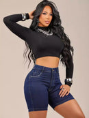 Short Axia Meia Coxa Jeans Marmorizada Com Lycra Modelo Levanta Bumbum Bermuda