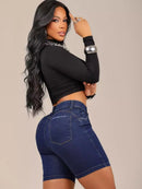 Short Axia Meia Coxa Jeans Marmorizada Com Lycra Modelo Levanta Bumbum Bermuda