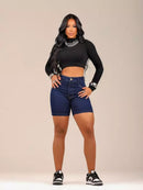 Short Axia Meia Coxa Jeans Marmorizada Com Lycra Modelo Levanta Bumbum Bermuda