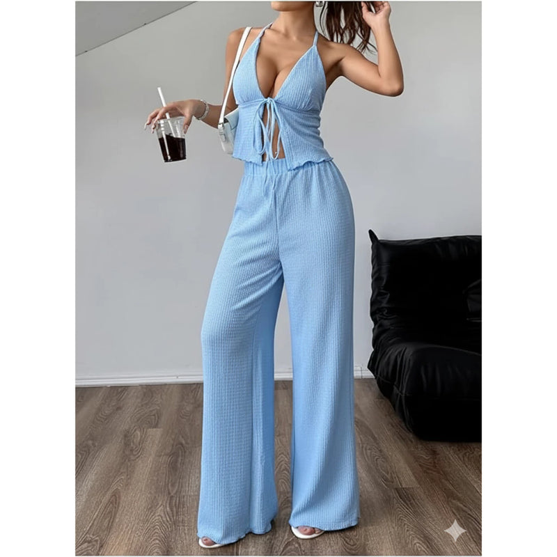 Conjunto Axia Feminino Liz Calça Pantalona + Blusinha Top Amarração Look Versátil Moda Verão