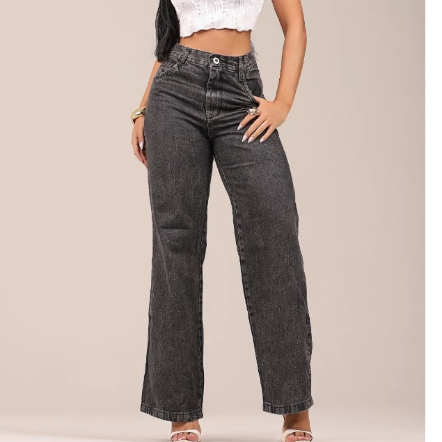 Calça Jeans Axia Feminina Wide Leg Cintura Alta Pantalona MARMORIZADA CINTURA ALTA
