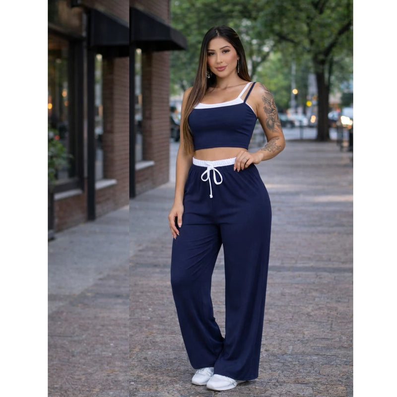 Conjunto Axia Ribana Calça Pantalona cós alto duplo e Top alcinhas dupla P ao G1