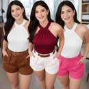 Short Alfaiataria Feminino Axia Cintura Alta com Cinto P AO GG– Envio Imediato