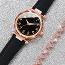 Relógio De Quartzo Feminino Elegante-Pulseira De Couro axia Com Marcações De Escala E Coração Cravejado De Diamantes